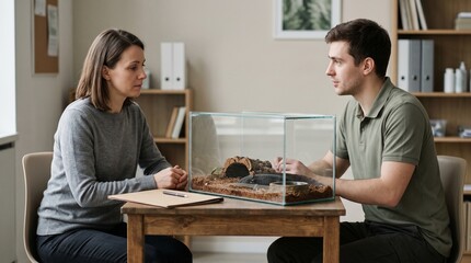 Fototapeta premium Exotic amphibian rehoming consultation in animal welfare center office