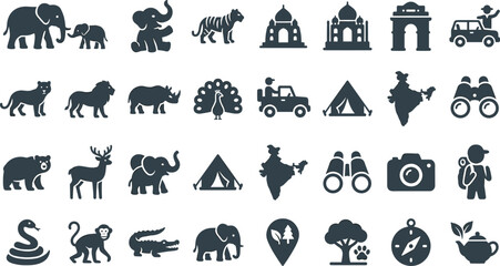 Fototapeta premium Black And White India Safari and Wildlife Tourism Icon Set Featuring Taj Mahal, Local Animals, Camping Gear, Maps, and Travel Adventure Exploration Elements