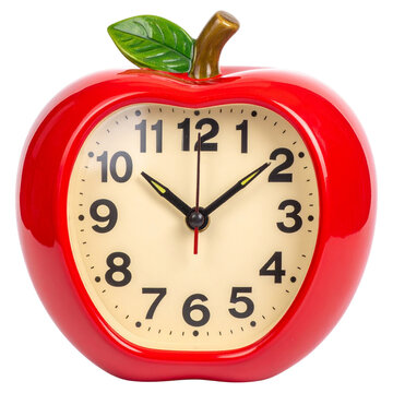 Apple shaped red desk alarm clock with distinct numbers showing precise morning time for personal organization and daily timekeeping