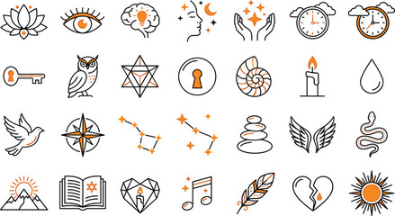 Esoteric spiritual and mystic line icons set featuring astrology magic symbols occult wisdom and soul mindfulness elements © MSTRAZINA