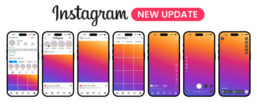 Instagram mobile app UI UX interface template, iPhone smartphone screen mockup, social media feed, story, reel, profile, logo icon. Social media application layout template