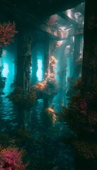 Fototapeta premium Sunken pier reveals a tranquil underwater world of coral and forgotten history’s embrace