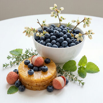 A fresh fruit dessert composition featuring a white bowl brimming with blueberries, alongside caramelized pineapple, red lychees, and fragrant herbs.