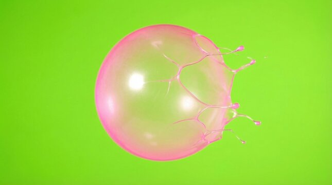 Pink bubble bursting against green backdrop. High speed capture showing tension. Ideal for abstract designs.