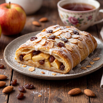 Delicious Apple Strudel with Flaky Pastry, Sweet Apple and Raisin Filling, Topped with Icing and Almonds, Served with Tea