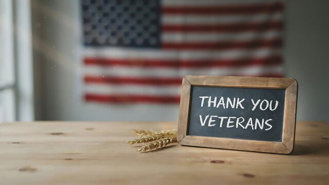 Thank you veterans message on chalkboard with american flag