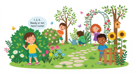 Fototapeta premium Joyful children exploring a sunny garden and park with trees, flowers, and paths in a bright outdoor scene.