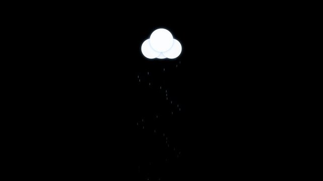 Minimalist animated glowing white cloud with falling rain on black background.