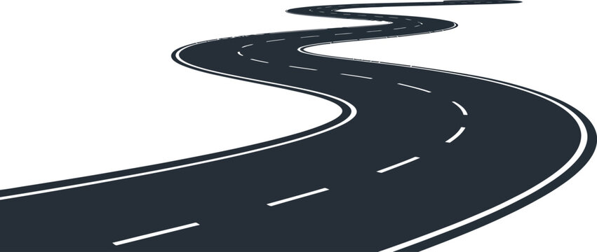 Winding asphalt road vector illustration, curved highway with white markings, perspective view of a long journey path for logistics and travel concepts