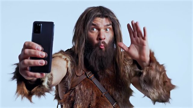 Male caveman filming phone front view animated gesture and talkative face on plain studio background, built for live feedback, creator pitch, social reaction, primitive content communication satire