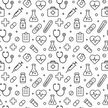 Seamless pattern with black medical line icons on a white background