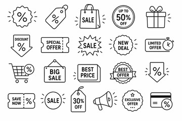 Fototapeta premium Set of simple black line icons for shopping and e-commerce business