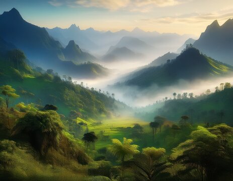 misty mountain valley landscape lush green jungle fog and distant peaks
