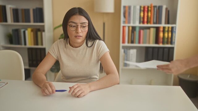 Woman presses temples with hands while seated at a desk, holding a marked exam sheet and pen in a booklined study area inside a building; study frustration focus.