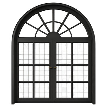 Sleek black arched window frame with grid pane pattern modern minimalist home architecture design element for presentation graphic