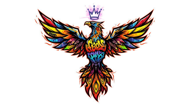 Colorful phoenix bird with crown on white