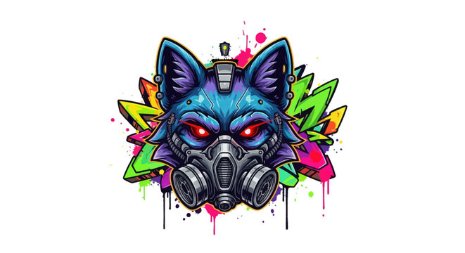 Wolf head with gas mask and colorful graffiti