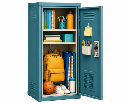 Open school locker with backpack, books, basketball and school supplies isolated on white background
