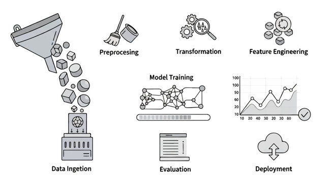 Illustration of End-to-End Machine Learning Lifecycle: From Data Ingestion to Deployment.