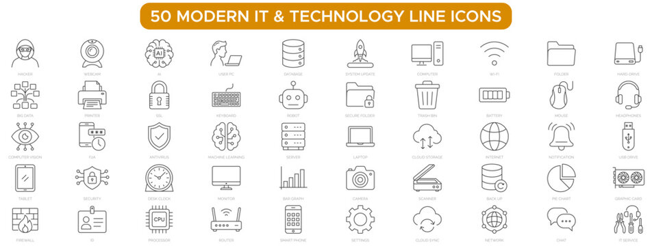 Modern IT, computer technology and digital workspace line icons. , cloud computing, networking, IT support, security and office hardware thin line icons collection. Editable stroke vector