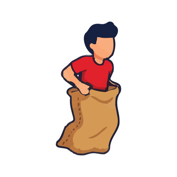Boy participating in a sack race traditional Indonesian game, Balap Karung vector illustration.
