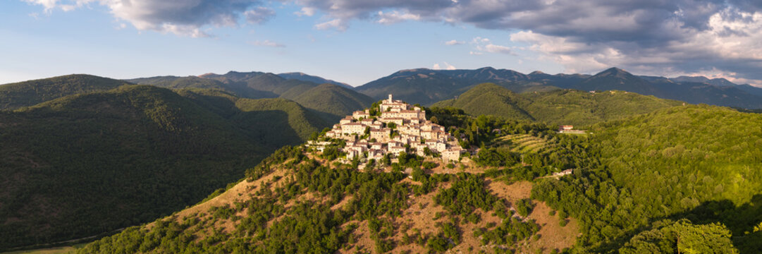 Labro Rieti Italy High Resolution 14k,  3:1 panorama of medieval borgo town isolated among green hills before sunset. Authentic hidden gems interior wall art print asset