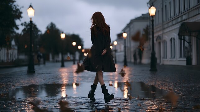 Autumnal solitude a woman walks through rainlit cobblestones leaves dance around her boots creating poignant beauty