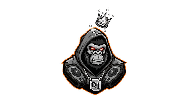 Angry gorilla dj wearing headphones and crown
