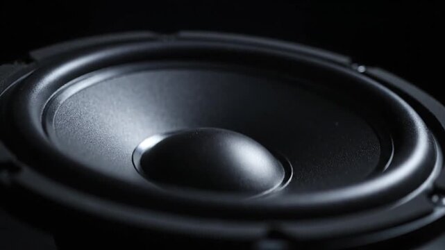 Close up view of a high quality black audio speaker cone.