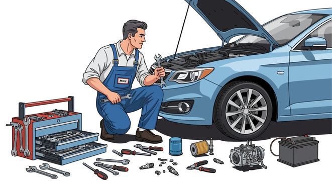 Mechanic repairing a blue car with tools and equipment around him