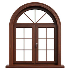 Fototapeta premium Simple brown wood arched window frame with twin vertical glass panes minimalist architectural design component country cottage style house window asset