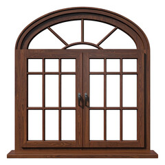 Fototapeta premium Wide dark brown wood window frame with semi arch top profile multi pane layout classic residential architecture design element house facade component
