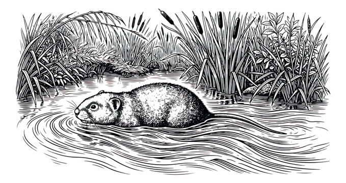 Vintage muskrat engraving, antique woodcut of a rodent swimming in a pond, retro wildlife illustration with cattails and river reeds, vector art