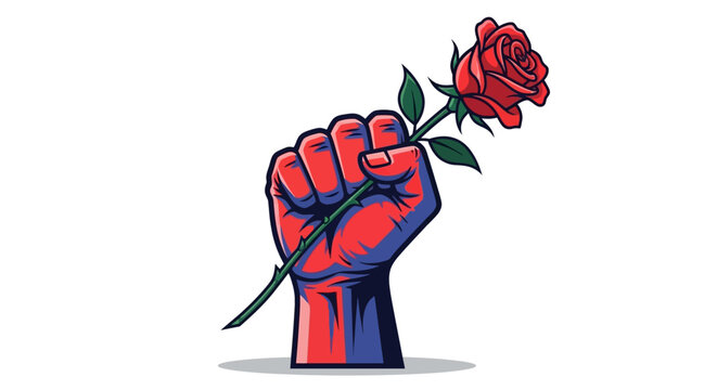 Fist holding red rose vector illustration isolated on white background