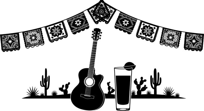 Mexican fiesta scene with guitar paper banners