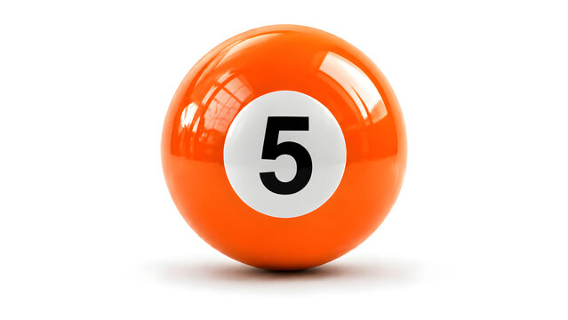 Orange billiard ball with number five against a white background pool