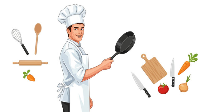 Smiling chef in white uniform holding frying pan with kitchen utensils and vegetables on isolated white background vector