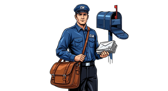 Vector illustration of a mailman with a mail bag and open mailbox on white background