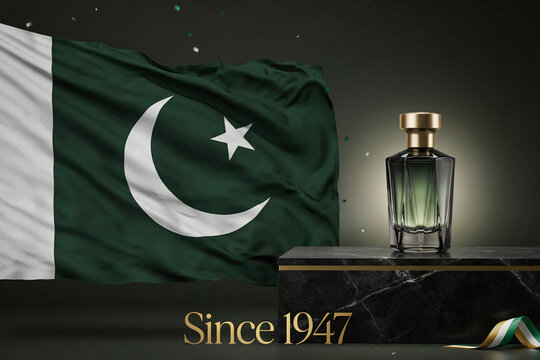 A vibrant Pakistan flag waving gracefully beside a luxurious perfume bottle displayed on a stylish marble stand with the text Since 1947 and a decorative ribbon honoring national pride