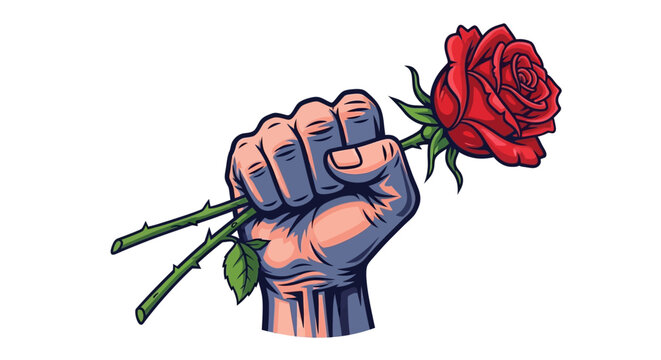 Fist holding red rose with thorns vector illustration isolated on white background