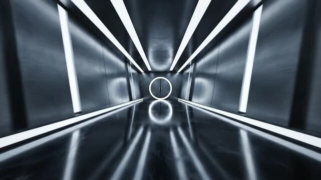 Symmetrical cinematic view of a futuristic sci-fi corridor with metallic walls, glowing neon light strips, and a reflective floor leading to a circular light portal at the end.