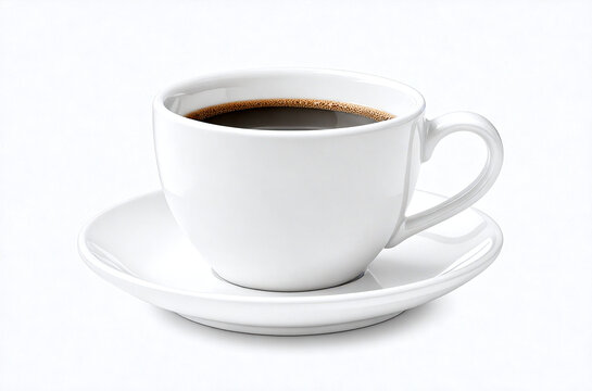 White ceramic coffee cup with black coffee on saucer isolated on white background