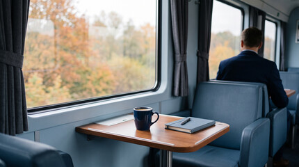 Fototapeta premium Businessman in train compartment with coffee and notebook