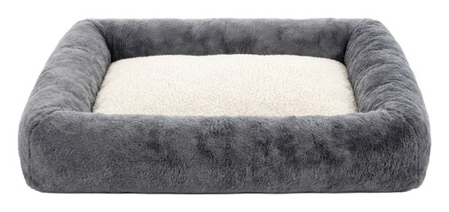 Rectangular Pet Bed with Plush Grey Bolster and Cream Sherpa Cushion. Comfortable Dog or Cat Furniture for Home Interior © Beni