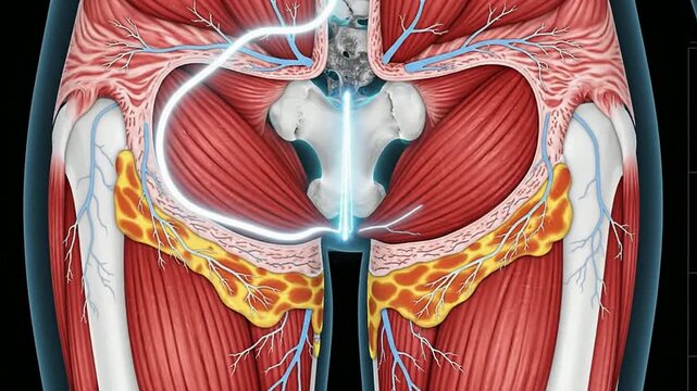 Stylized High-Tech Representation of a DEXA Scan Cross Section of a Human Thigh Anatomy with Muscle and Fat Visualization for Medical and Educational Use