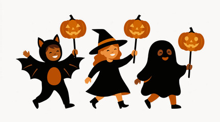 Fototapeta premium Three happy children wearing diverse costumes for a fun halloween trick or treat celebration with carved jack o lantern pumpkins