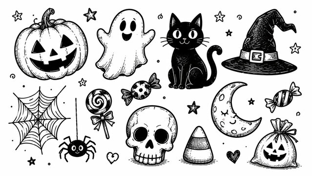 Set of cute pixel art halloween icons with pumpkin ghost cat and witch hat