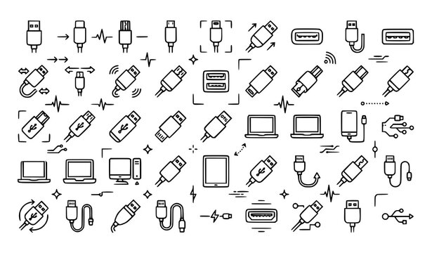 Collection of usb connector and electronic device line icons