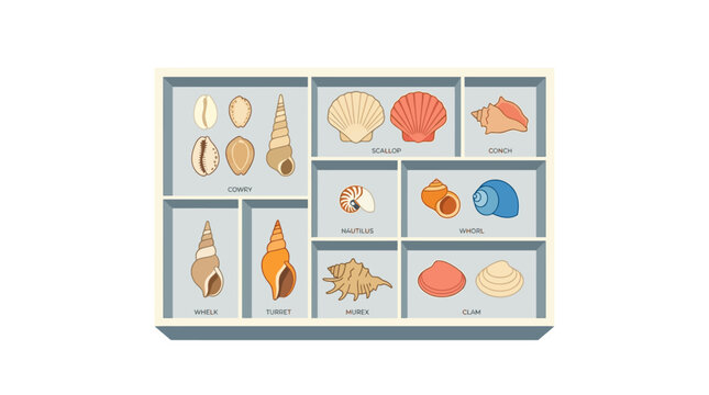 Collection of Diverse Seashells in Compartments - Marine Life