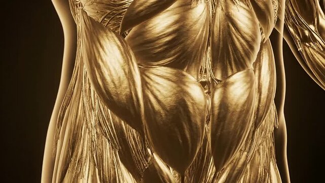 Stylized Medical Rendering of The Psoas Muscle Displayed in Semi-Transparent Gold Against Dark Background